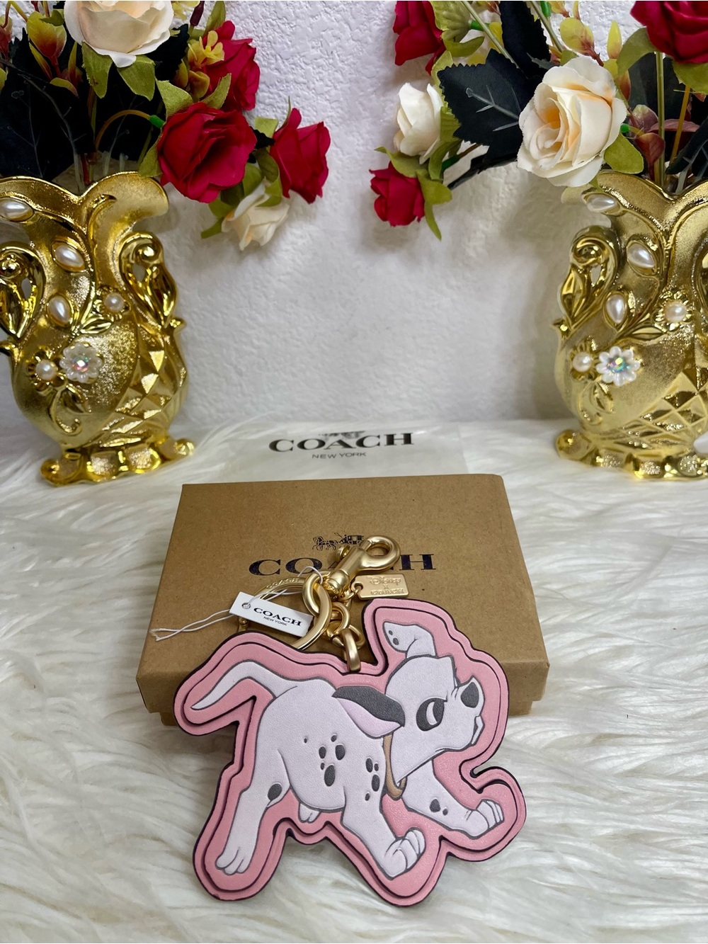 NWT COACH & Disney Collab Pink Dalmatian Leather Keychain Charm w/ a Box